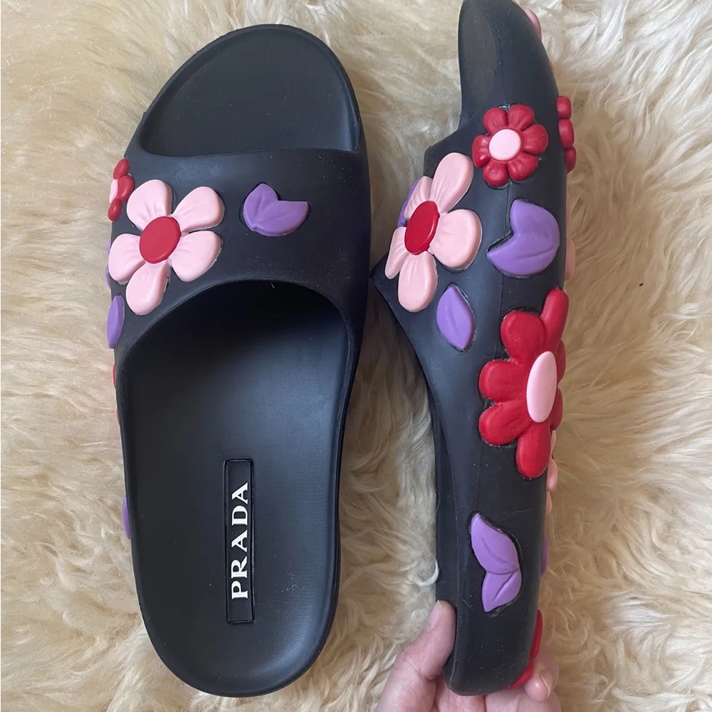 Prada Women's Black Floral Slides
